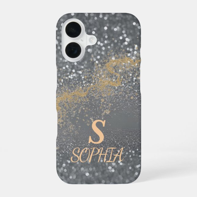 Green marble chic gold glitter monogram iPhone 16 case (Back)