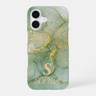 Green marble chic gold glitter monogram iPhone 16 case