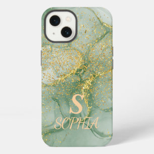 Green marble chic gold glitter monogram iPhone 13 case