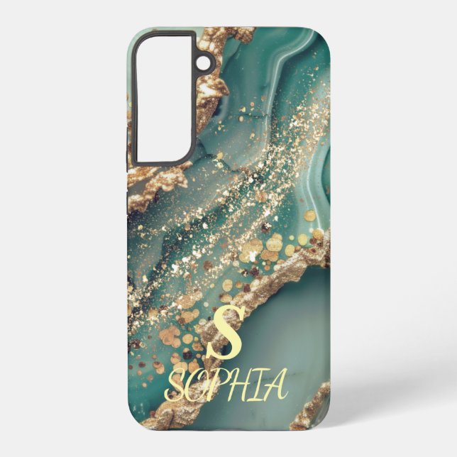 Green marble chic gold glitter monogram samsung galaxy s22+ case (Back)