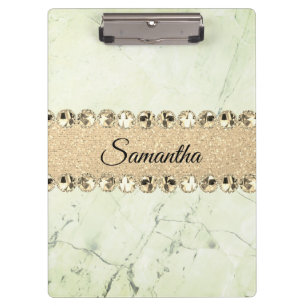 Green Marble Diamond Bling Personalised Clipboard