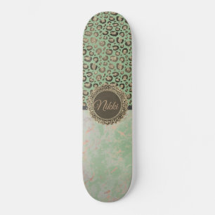 Green Marble Glittery Gold Leopard Custom Skateboard