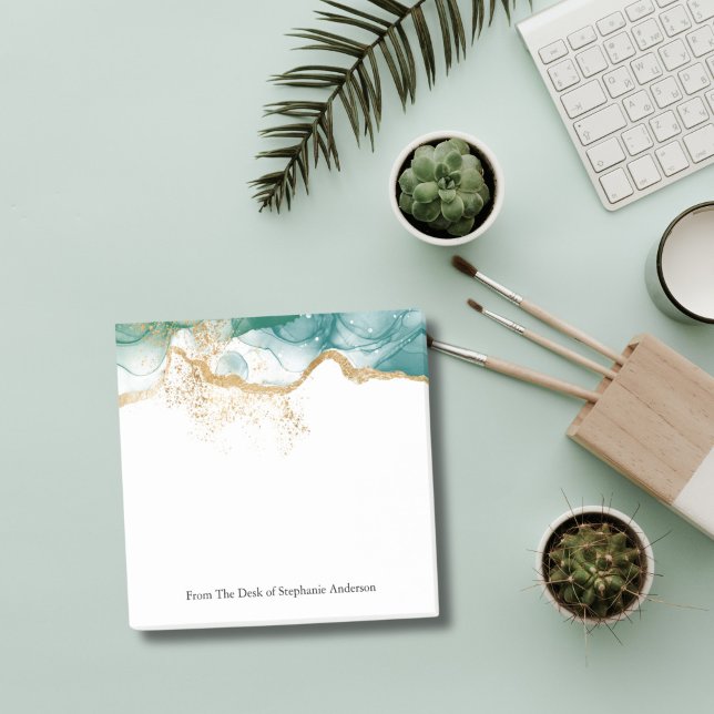 Green marble Gold Glitter Alcohol Ink Post it Note (Green Marble Watercolor Wash Alcohol Ink Gold Glitter Small Business  Personalized Post it notes)