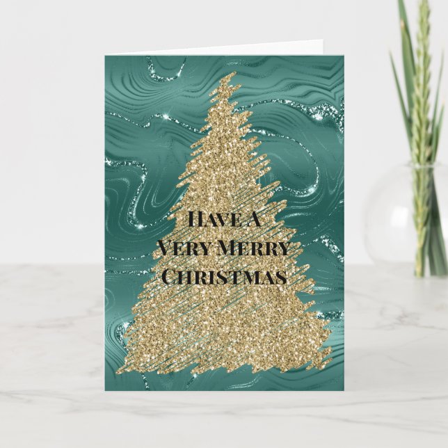 Green Marble Gold Glitter Christmas Tree Card (Front)