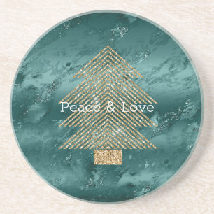 Green Marble Gold Glitter Christmas Tree Coaster