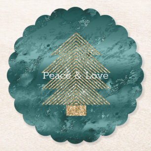 Green Marble Gold Glitter Christmas Tree Paper Coaster