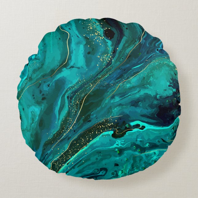 Green Marble & Gold: Luxurious Texture Round Cushion (Front)