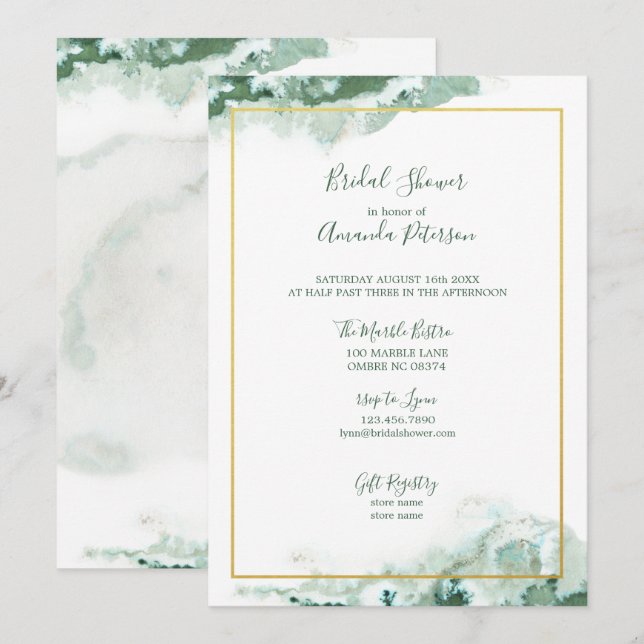 Green Marble Ombre Gold Frame Bridal Shower Invitation (Front/Back)