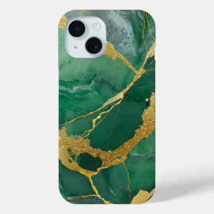 Green Marble Pattern with Gold iPhone 15 Case