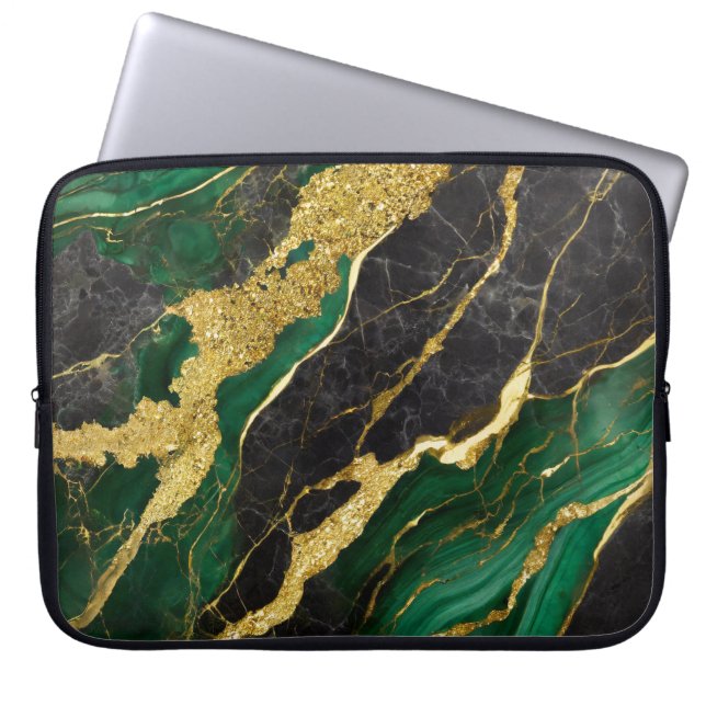 Green Marble Pattern with Gold Laptop Sleeve (Front)