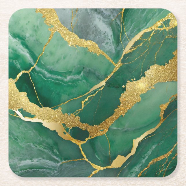 Green Marble Pattern with Gold Square Paper Coaster (Front)
