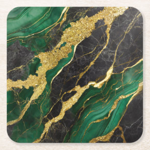 Green Marble Pattern with Gold Square Paper Coaster