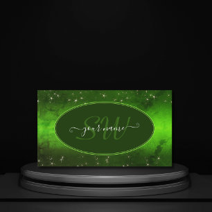 Green Marbled Pattern Cute Glitter Stars Initials Business Card