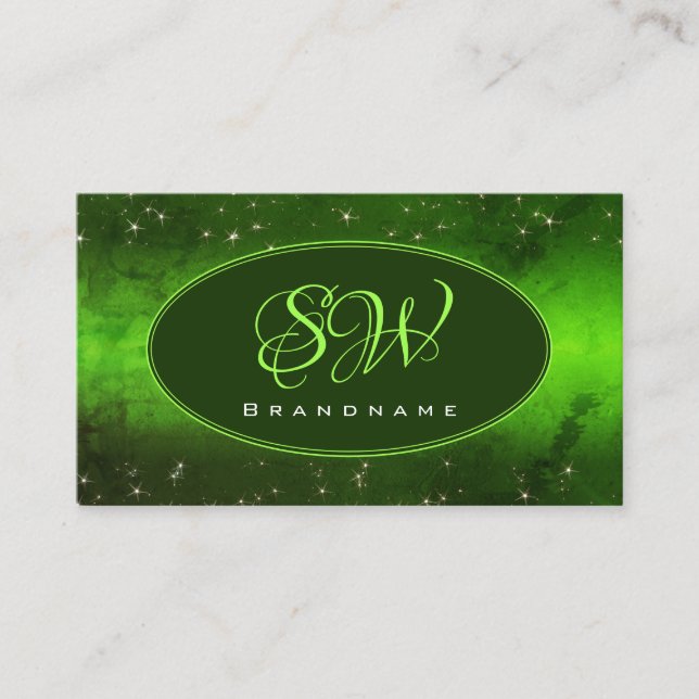 Green Marbled Pattern Cute Glitter Stars Monogram Business Card (Front)