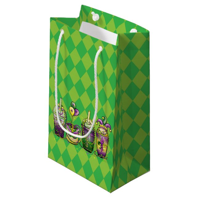 GREEN MARDI GRAS DIAMOND & PURPLE GOLD BEVERAGES SMALL GIFT BAG (Front Angled)