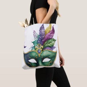 GREEN MARDI GRAS MASK PINK PURPLE FEATHERS TOTE BAG