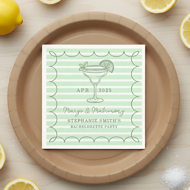 Green Margs and Matrimony Bachelorette Party  Napkin (Set the tone for a lively pre-wedding celebration with this mint green “Margs & Matrimony” design.)