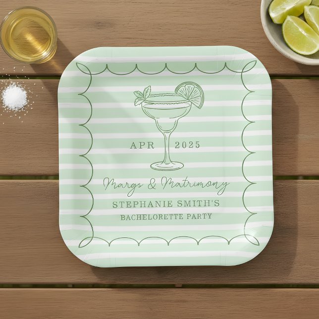 Green Margs and Matrimony Bachelorette Party  Paper Plate (Set the tone for a lively pre-wedding celebration with this mint green “Margs & Matrimony” plate.)