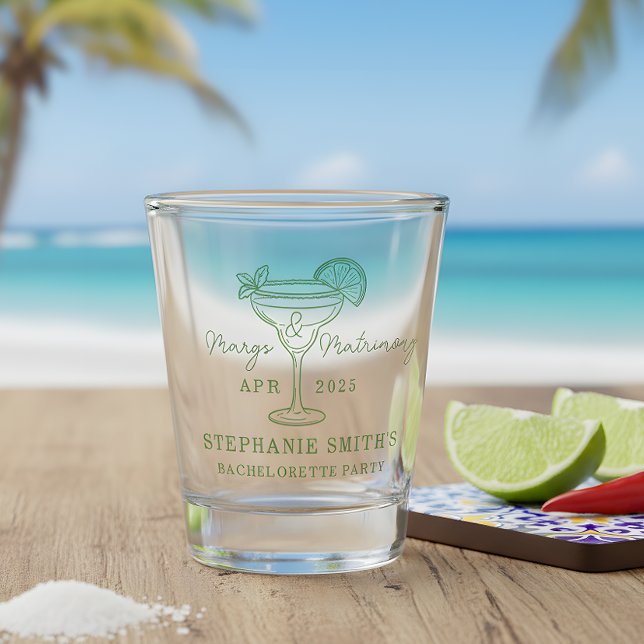 Green Margs and Matrimony Bachelorette Party  Shot Glass (Set the tone for a lively pre-wedding celebration with this mint green “Margs & Matrimony”  glass)