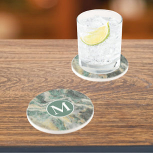 Green Mariposite Mineral Stone Pattern Monogram Coaster