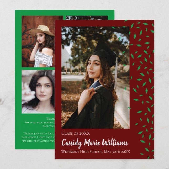 Green Maroon Confetti Graduation Announcement (Front/Back)