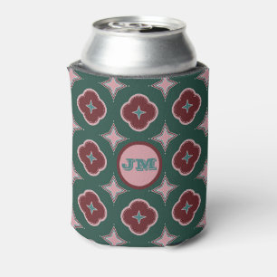 Green Maroon & Pink Elegant Tile Pattern Monogram Can Cooler