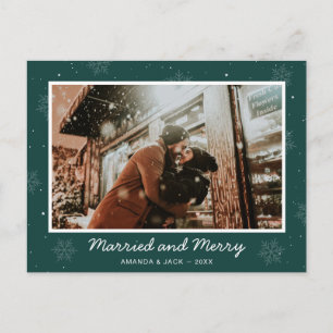Green Married and Merry First Christmas Photo Holiday Postcard