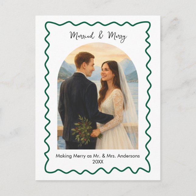 Green Married and Merry First Christmas Photo  Holiday Postcard (Front)