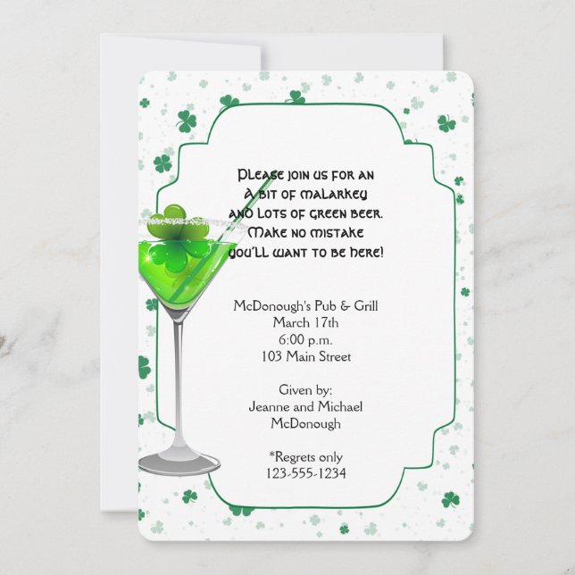 Green Martini St. Patricks Day Party Invitation (Front)