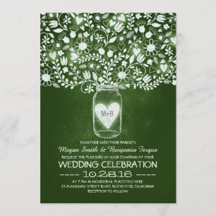 Green mason jar flowers wedding invites