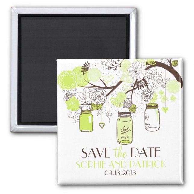 Green Mason Jars & Flowers Save the Date Magnet (Front)