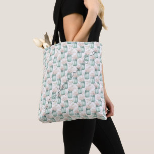 Green Mason Jars Pink Flowers Tote Bag