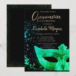 Green Masque,Confetti  Quinceañera  Invitation