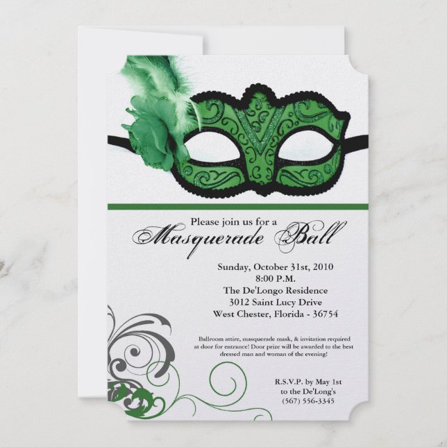 Green Masquerade Ball Mask Costume Halloween Part Invitation (Front)