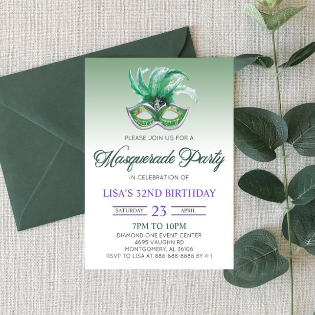 Green Masquerade Ball Party Mardi Gras Birthday Invitation (Creator Uploaded)