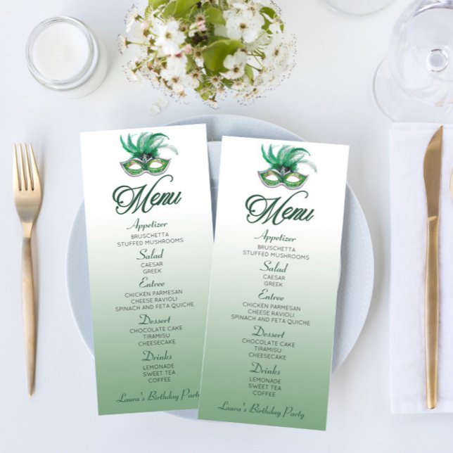 Green Masquerade Birthday Party Flat Menu (Creator Uploaded)