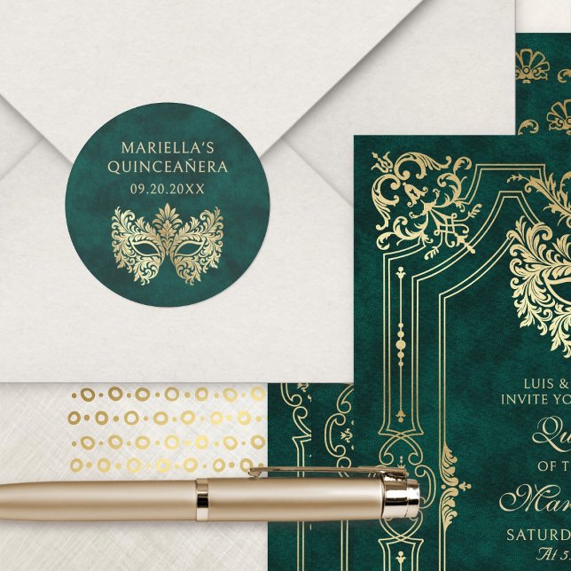 Green Masquerade Mask Elegant Quinceanera Classic Round Sticker (Creator Uploaded)