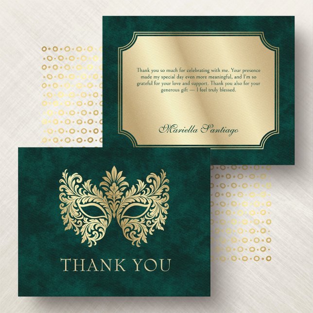 Green Masquerade Mask Elegant Quinceanera Thank You Card (Creator Uploaded)