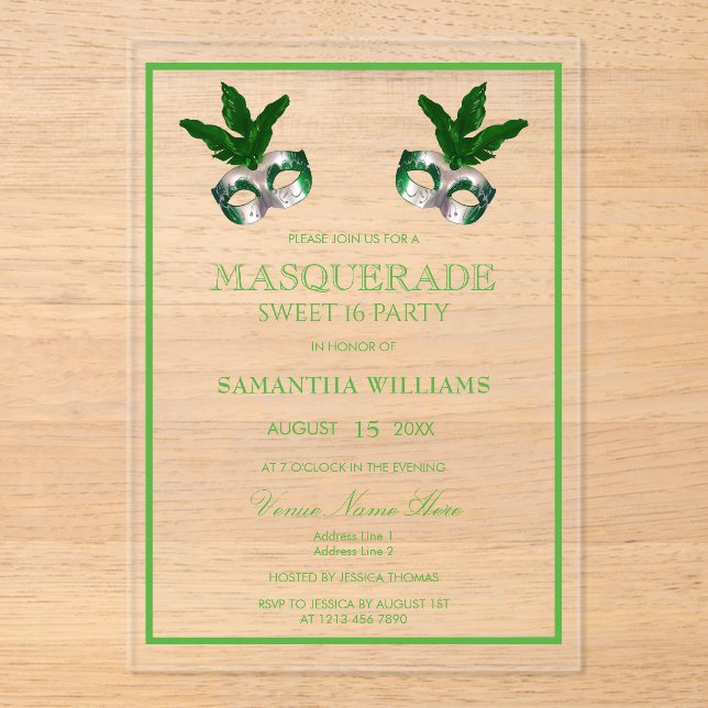 Green Masquerade Sweet 16 Acrylic Invitations (Front)