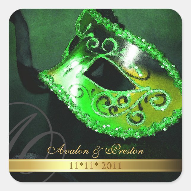 Green Masquerade Swirl Save The Date Sticker (Front)