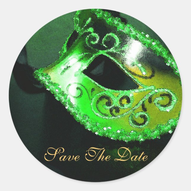 Green Masqurade Mask Elegant Save The Date Sticker (Front)