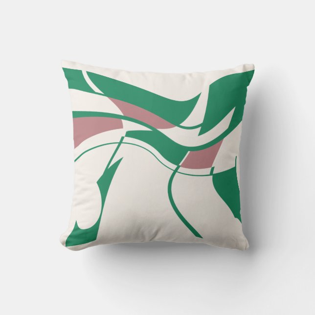 Green Mauve on Off-White Swirling Modern Art Motif Cushion (Front)