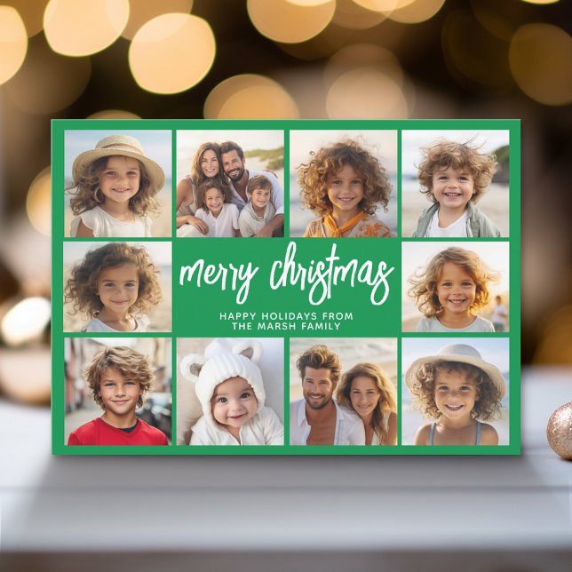 Green MCM - 10 Photo Collage - Merry Christmas Holiday Card (Modern Holiday Greeting Card with a Family Photo)