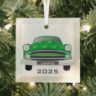 Green Mean Retro Car Baby Boy 1st Christmas Glass Tree Decoration