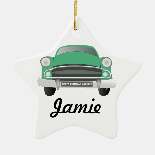 Green Mean Retro Car Boy's Birthday Ceramic Ornament (Front)