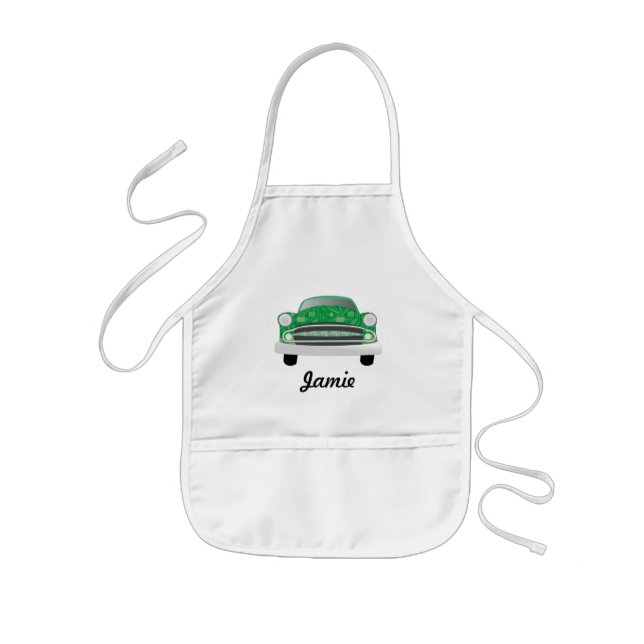 Green Mean Retro Car Boy's Birthday Kids Apron (Front)