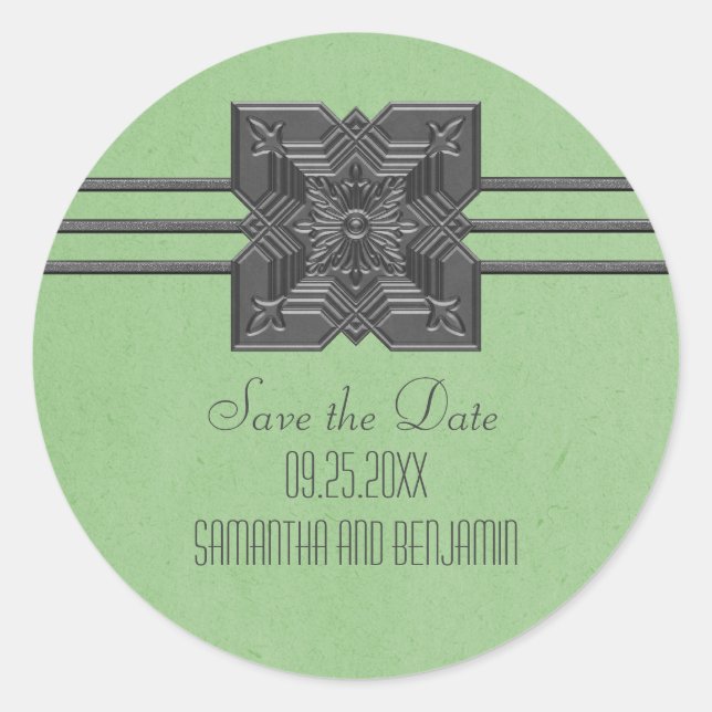 Green Medallion Border Save the Date Stickers (Front)