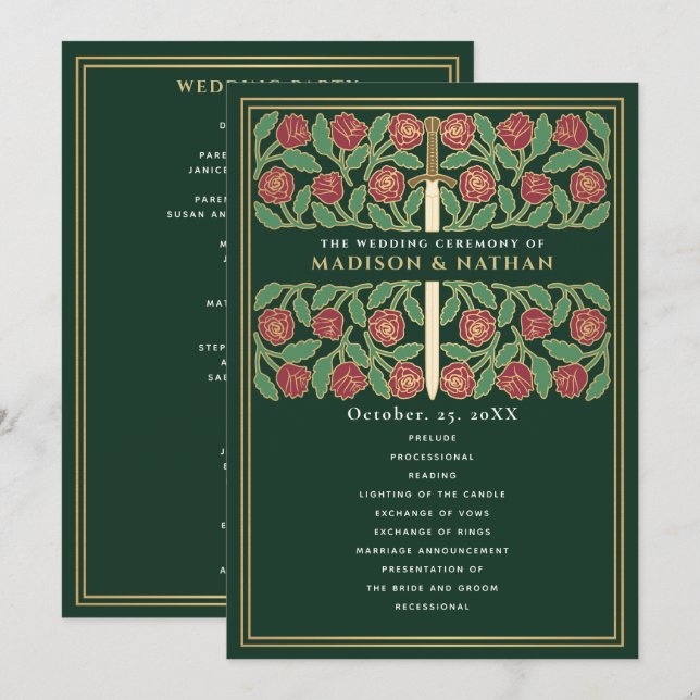Green Mediaeval Gold Floral Sword Royal Wedding Program (Front/Back)