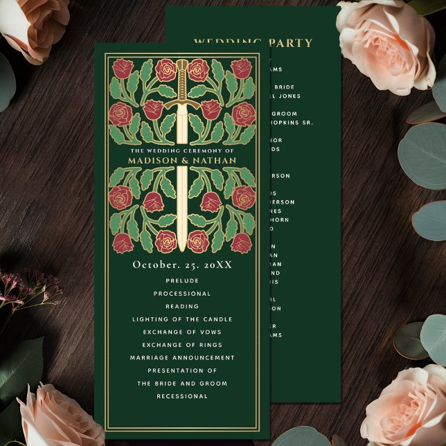 Green Mediaeval Gold Floral Sword Royal Wedding Program (Creator Uploaded)