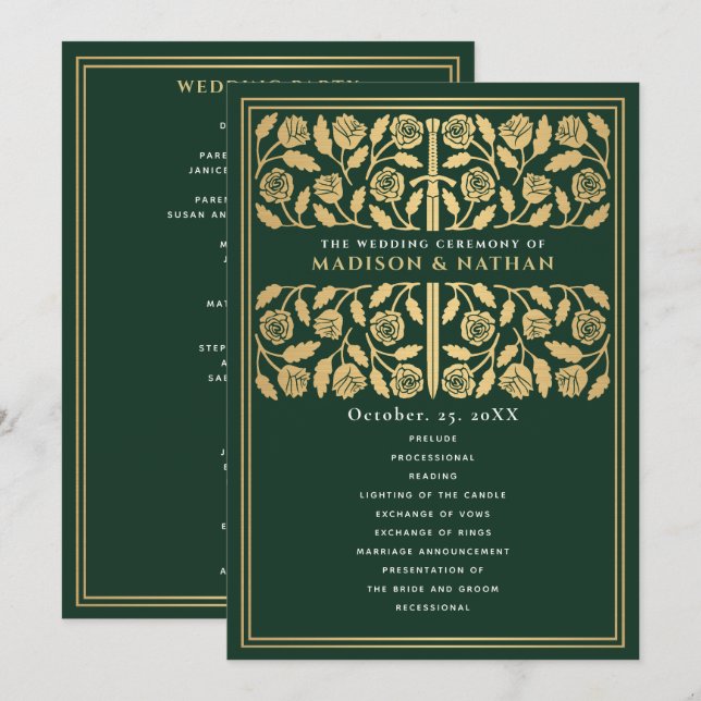 Green Mediaeval Gold Sword Royal Wedding Program (Front/Back)
